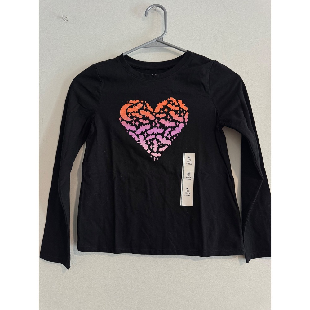 Cat & Jack Bat Heart Graphic Tee girls M 8 Black Glitter Long Sleeve Halloween
